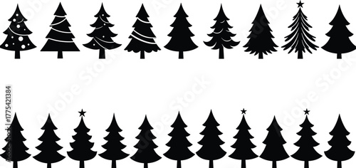 Christmas tree silhouette collection, festive black vector icons, holiday decoration elements, stylized pine tree designs, ornamented and minimal evergreen shapes, seasonal clipart