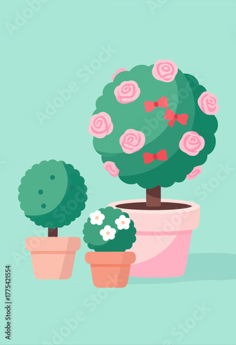 Colorful flat potted plants with pink roses and white blooms isolated