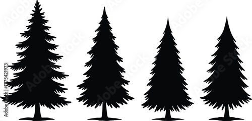 Conifer tree silhouette vector illustration, pine and fir trees, evergreen forest icons, woodland landscape, black silhouette, nature design, outdoor decoration, plant collection