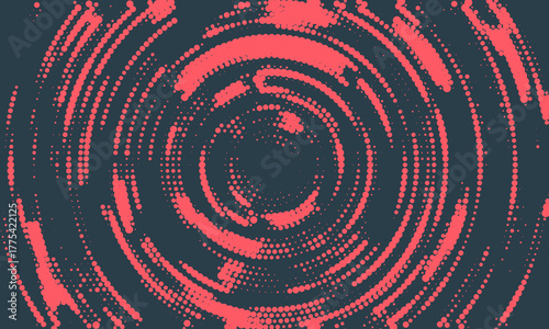 Circular Halftone Pattern Concentric Circles Frame Vector Red Black Colour Abstract Background. Mod Minimalist Art Half Tone Graphics Rippled Structure. Retro Futurism Technology Art Illustration