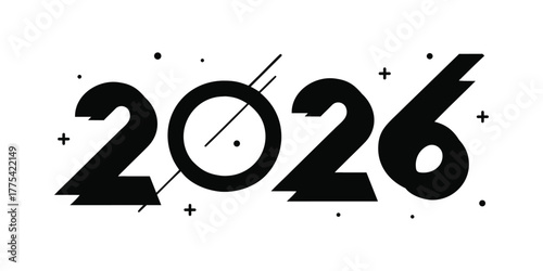 Bold black typography for the year 2026 is presented on a white background with subtle decorative elements. This design is perfect for New Year's Eve, event invitations, or futuristic concepts.