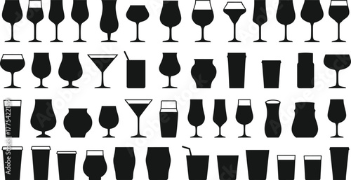 Drinkware silhouettes set, wine glasses, cocktail cups, beer mugs, coffee cups, tumblers, barware collection, beverage icons, black and white vector illustration