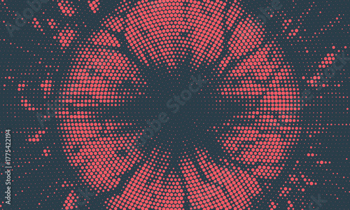 Circular Halftone Pattern Concentric Circles Frame Vector Red Black Colour Abstract Background. Mod Minimalist Art Half Tone Graphics Rippled Structure. Retro Futurism Technology Art Illustration