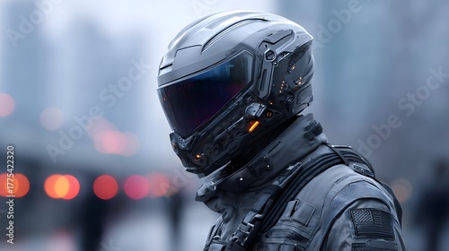 Close up profile of a sci fi individual wearing an advanced illuminated helmet and dark tactical clothing against a bokeh rich urban backdrop