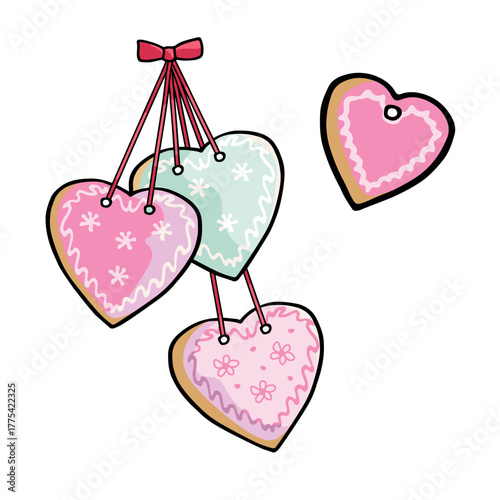 Christmas gingerbread cookies on ribbons with bows