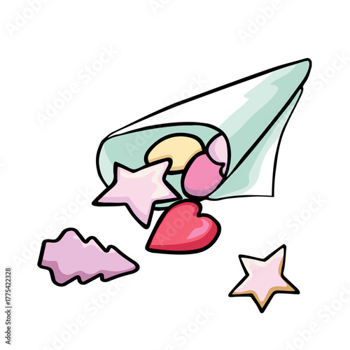 paper cone filled with assorted sweets in fun shapes like stars, hearts and Christmas tree