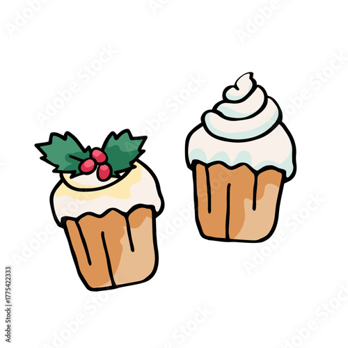 two Christmas cupcakes on white background