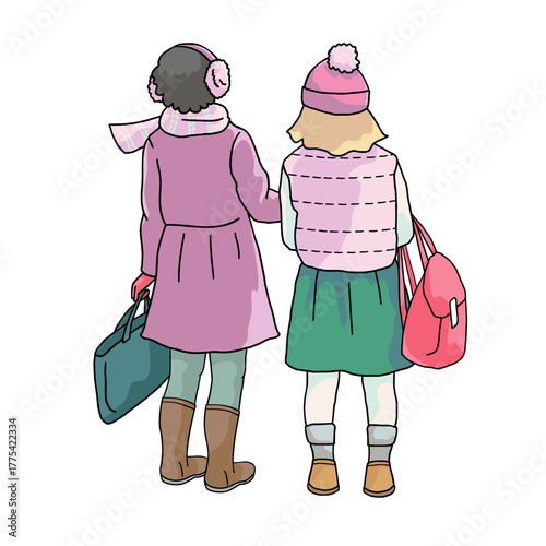 two girl stay together in winter outfits seen from the back