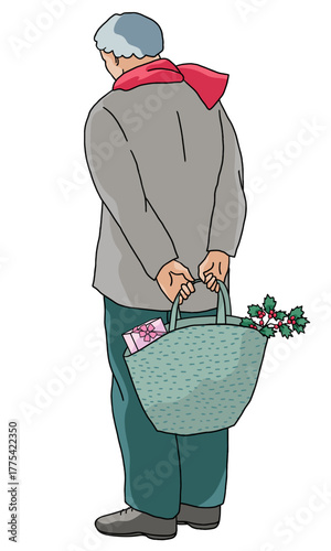elderly man in coat holding a bag with  Christmas gift behind his back