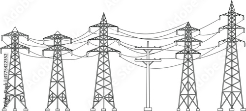 Electric transmission towers, power lines, utility pole, energy infrastructure, high voltage grid, rural electricity supply, industrial distribution network, vector illustration, stock content