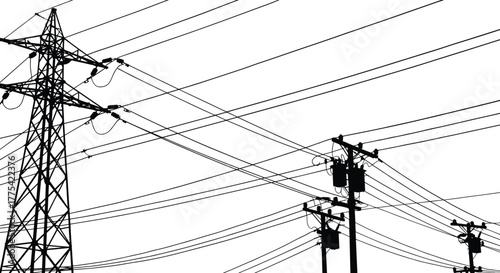 Electrical infrastructure silhouette vector illustration, transmission tower, utility poles, high voltage 