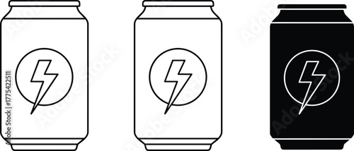 Energy drink can icons, lightning bolt symbol, beverage packaging design, power drink illustration, caffeine boost, sports drink, modern black and white vector