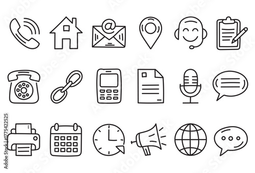 Hand Drawn Communication and Contact Line Art Icons Set for Business, Network, and Messaging Design Concepts