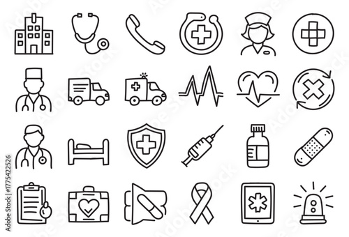 Hand Drawn Medical and Healthcare Line Art Icons Set for Hospital, Doctor, and Emergency Design Concepts