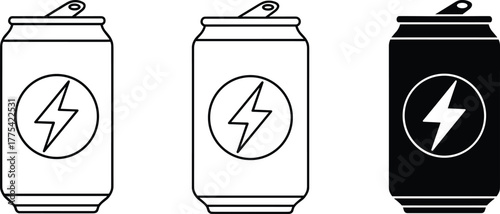 Energy drink can icons, lightning bolt symbol, beverage packaging design, power drink illustration, caffeine boost, sports refreshment, modern black and white vector set