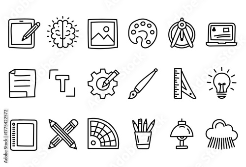 Hand Drawn Creative Design Tools Line Art Icons Collection for Digital Illustration and Graphic Concepts