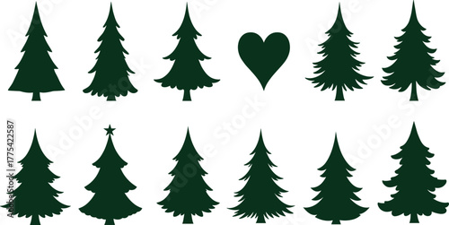 Evergreen tree silhouette vector illustration, conifer forest collection, pine and fir trees, woodland landscape, heart shape design, black silhouette, nature decoration, plant elements