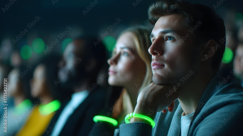 Obraz premium A diverse group of individuals men and women sit in a dark venue attentively watching an event or performance highlighted by vibrant green glow sticks and ambient lighting
