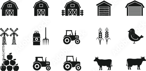 Farming and agriculture silhouette icons, barn, tractor, cow, windmill, wheat, milk can, rural tools, black vector set for design use