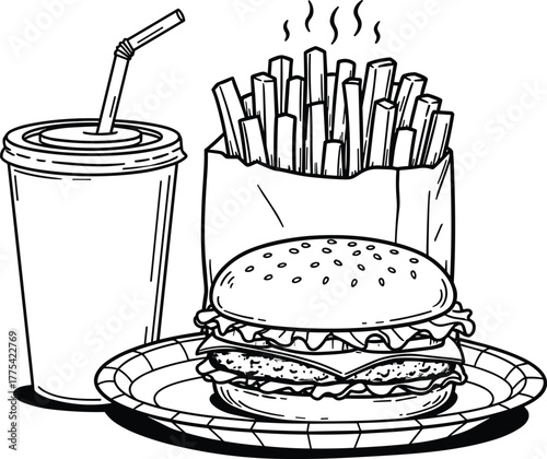 Fast food meal illustration, burger fries drink combo, black and white vector, junk food sketch, restaurant menu design, line art style