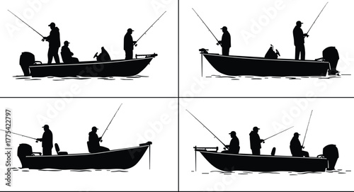 Fishing boat silhouette set, people fishing with rods, motorboat activity, outdoor recreation, black vector illustration, isolated on white, lake or river scene