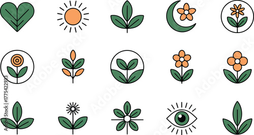 Assorted Nature and Celestial Icons with Color Accents