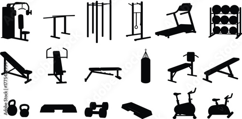 Gym equipment silhouettes, fitness icons set, workout tools vector, cardio and strength training gear, exercise machines, home and commercial gym essentials
