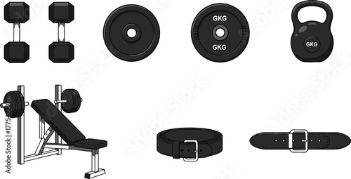 Gym equipment vector illustration set, dumbbells, kettlebell, weight plates, bench press, barbell, lifting belts, black and white fitness training design