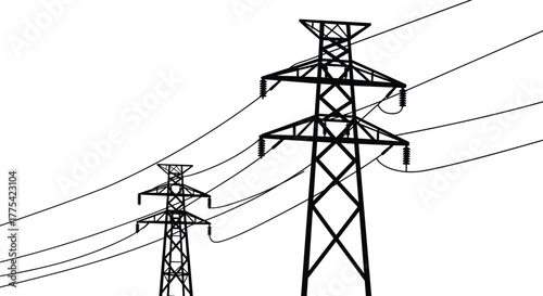 High voltage transmission towers silhouette, electricity pylons with power lines, energy infrastructure, lattice structure, electrical grid, industrial utility, long-distance power distribution