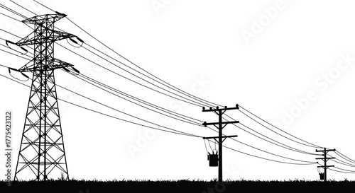 High voltage transmission tower with utility poles, power lines and transformer, electricity distribution system silhouette, black and white vector infrastructure illustration