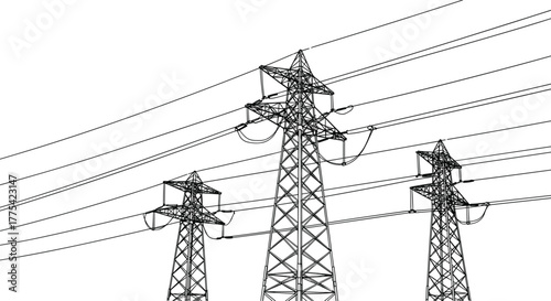 High voltage transmission towers vector illustration, electricity pylons with power lines, energy distribution infrastructure, black and white silhouette design for electrical grid