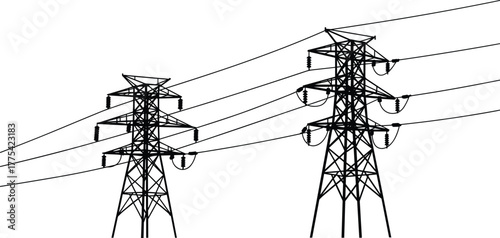 High voltage transmission towers, electricity pylons, power grid infrastructure, lattice steel structure, energy distribution network, overhead lines, rural utility poles, engineering design