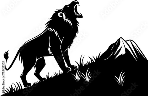 Roaring Lion Silhouette on Mountain Slope – Majestic Wildlife Vector