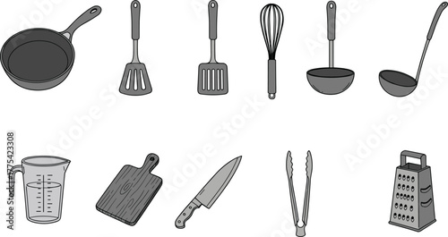Kitchen utensils vector illustration set, frying pan, spatula, whisk, ladle, knife, cutting board, grater, tongs, cooking tools black and white design