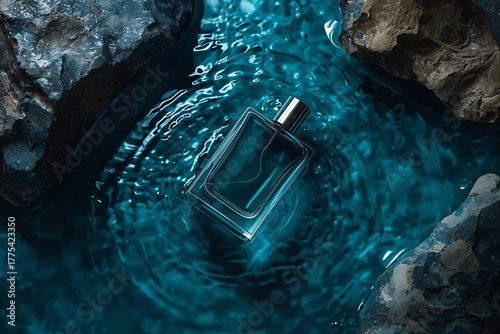 Masculine Perfume Bottle Submerged in Dark Blue Water with Rocks