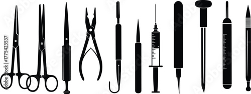 Medical instruments vector illustration set, surgical tools and healthcare equipment, scalpel, syringe, scissors, forceps, thermometer, dropper, black and white design