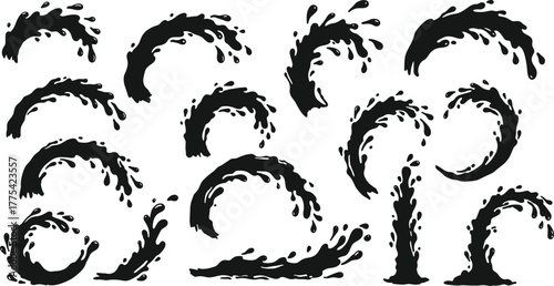 Ocean wave icons, water splash silhouettes, sea wave illustration, surfing design, marine elements, dynamic motion graphics, black and white vector set