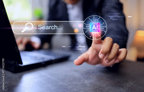 Answer engine optimization AEO concept with hand pointing on search bar referring to searching for information on the internet with AI assistance and answering questions