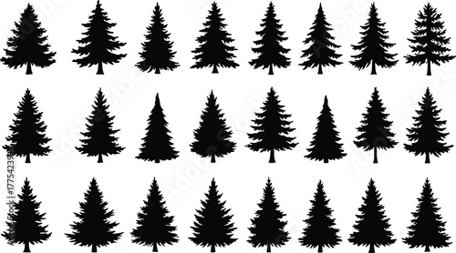 Pine tree silhouette collection, black vector trees, forest illustration set, evergreen shapes, botanical design elements, nature clipart, minimal tree icons
