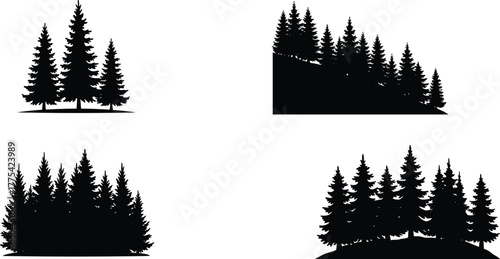 Pine tree silhouette vector, forest terrain illustration, black woodland clipart, nature landscape design, evergreen trees on hill, outdoor scenery graphic