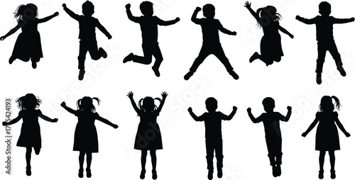 Silhouette children jumping, kids celebrating in air, joyful boys and girls, happy childhood energy, playful group activity, fun celebration, dynamic motion illustration