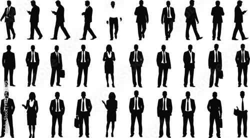 Large set of diverse male and female business silhouettes in suits, walking, standing, holding briefcases, and using phones, isolated on a white background.