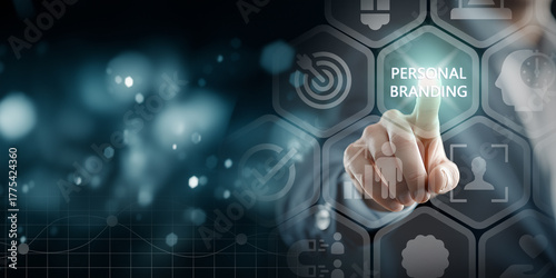 Personal branding concept. Creating and promoting a unique identity, image and reputation. Businessman building a strong personal brand for increasing opportunities, recognition and business success