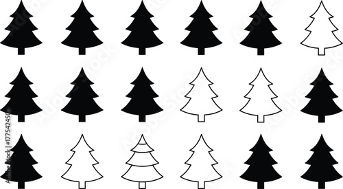 Stylized conifer tree icons set, black and outline variations, minimal forest symbols, evergreen pine silhouettes, vector illustration for nature design themes