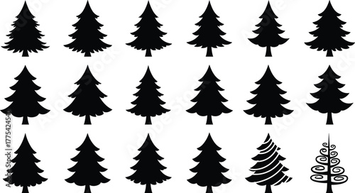 Stylized pine tree silhouette set, abstract forest vector icons, decorative conifer shapes, creative evergreen collection, black nature graphic elements, isolated trees