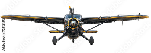 A frontal view of a vintage single-engine aircraft against a dark background, with a propeller