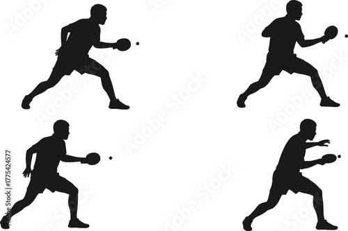 Table tennis player silhouette set, ping pong action poses, sports vector illustration, dynamic movement, athlete posture, black figure, isolated on white background