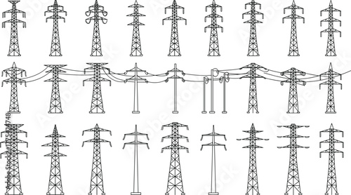 Transmission tower silhouette vector illustration, electricity pylons collection, high voltage power lines, energy infrastructure, electrical grid, industrial design, voltage system, utility network