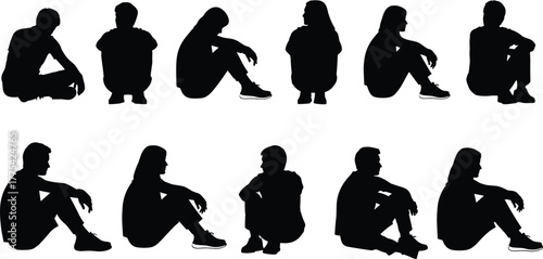 Silhouettes of diverse young adults sitting on the ground in various pensive and relaxed poses, isolated black vector collection
