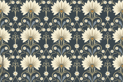 An elegant seamless pattern in the style of Art Nouveau or Victorian design. This classic, decorative design is ideal for wallpapers, fabric prints, luxury packaging, or digital backgrounds.